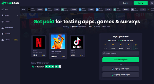 template do freecash, mostrando a plataforma