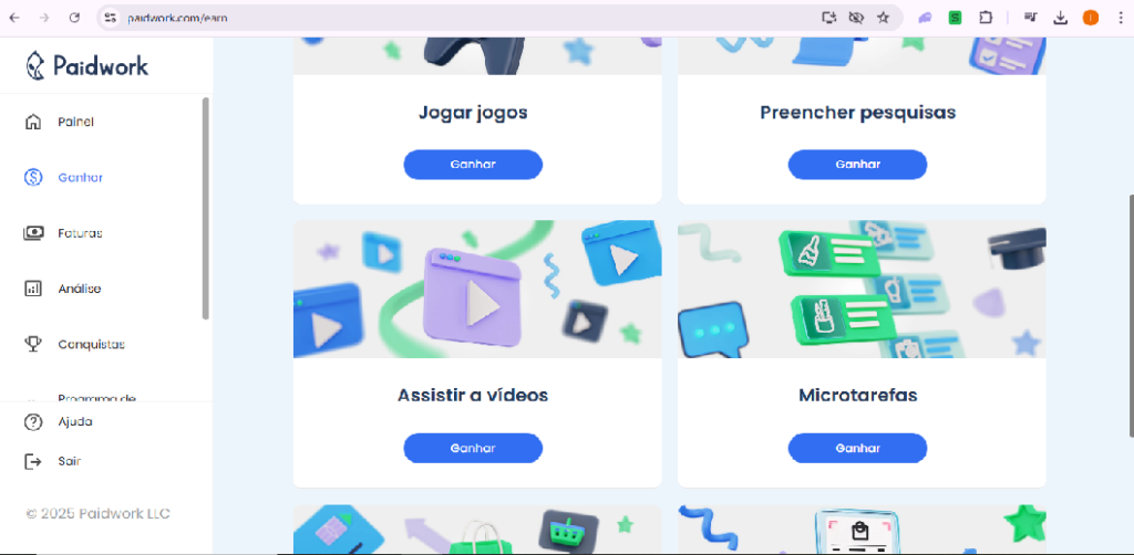 Interface do paidwork, um aplicativo para ganhar dinheiro navegando online, mostrando saldo de ganhos, recompensas.