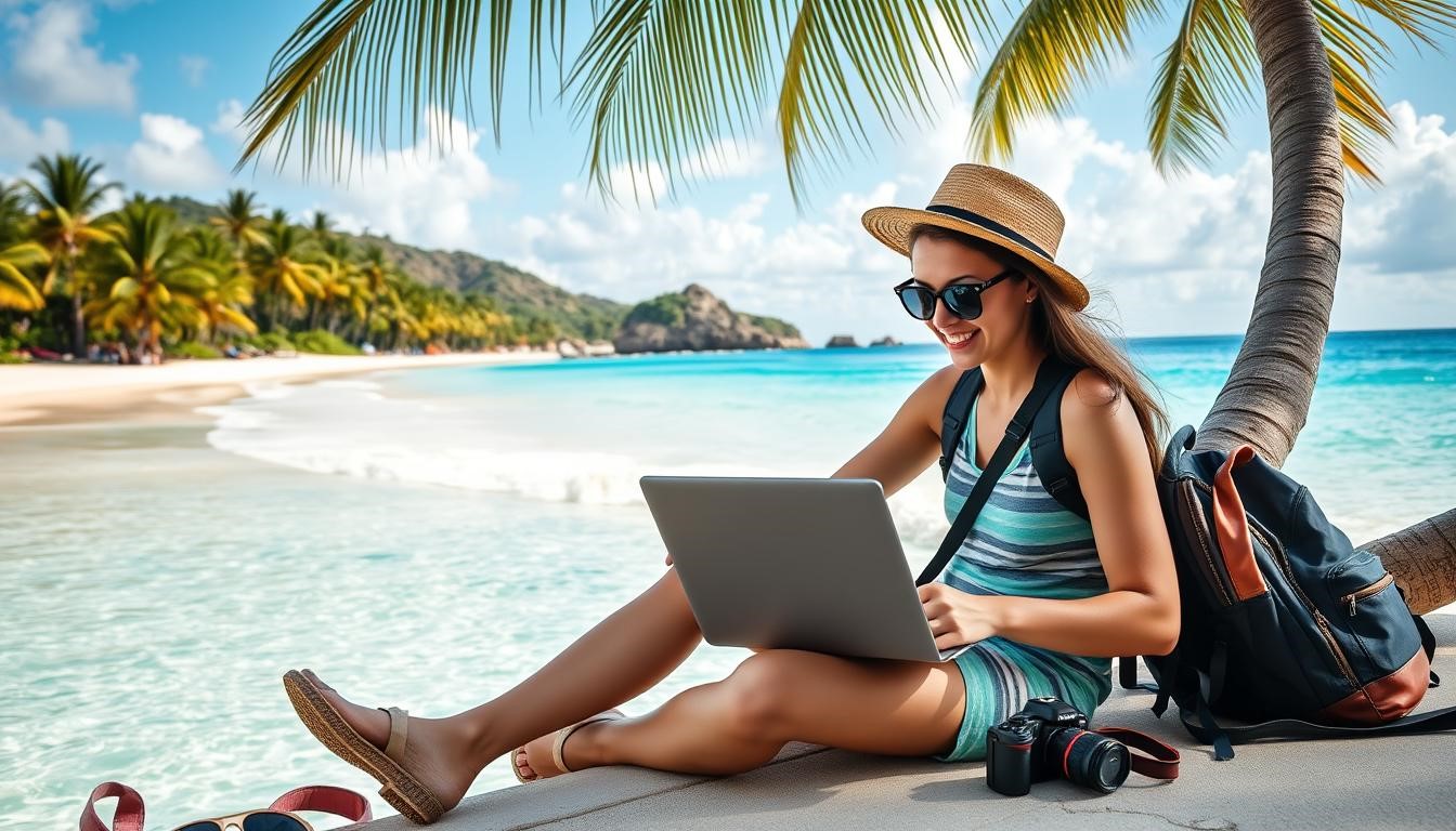 menina sentada na praia com um laptop no colo