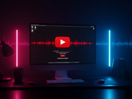 Setup escuro com iluminação neon azul e vermelha, ilustrando um canal dark do YouTube focado em criação de vídeos para renda extra em 2025.
