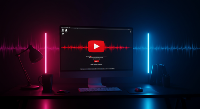 Setup escuro com iluminação neon azul e vermelha, ilustrando um canal dark do YouTube focado em criação de vídeos para renda extra em 2025.