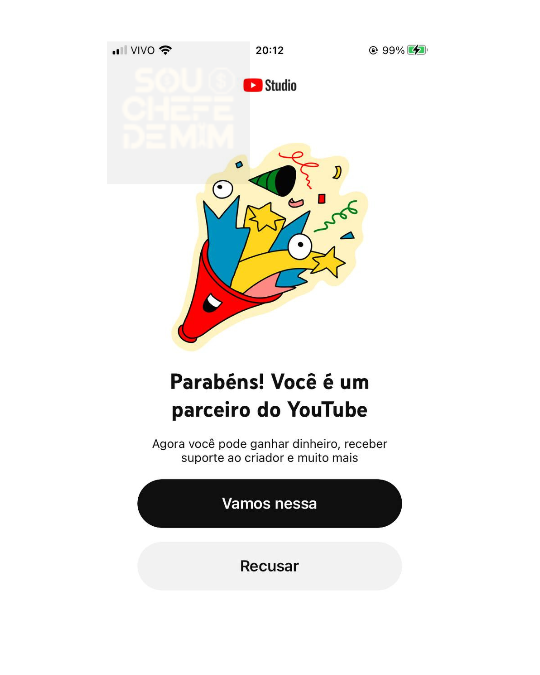 Imagem mostrando a parceria do seu canal com o Youtube 