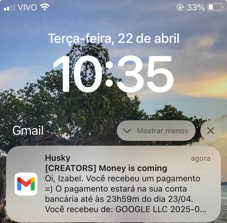 Comprovante do primeiro pagamento do YouTube para um canal dark, totalizando R$ 2.461,00 em abril de 2025
