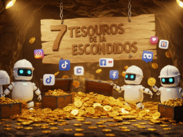 Três robôs descobrindo 7 tesouros escondidos de IA com ícones de redes sociais e moedas douradas