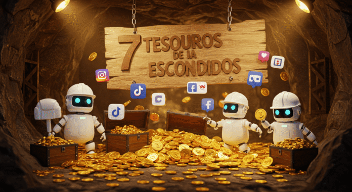 Três robôs descobrindo 7 tesouros escondidos de IA com ícones de redes sociais e moedas douradas