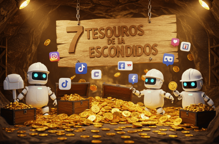 Três robôs descobrindo 7 tesouros escondidos de IA com ícones de redes sociais e moedas douradas