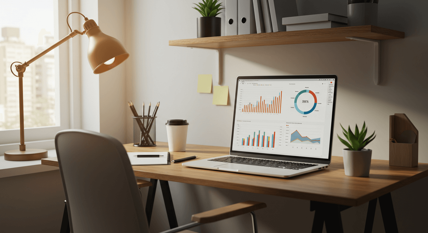 Dashboard de analytics para agência de conteúdo com IA em home office profissional brasileiro