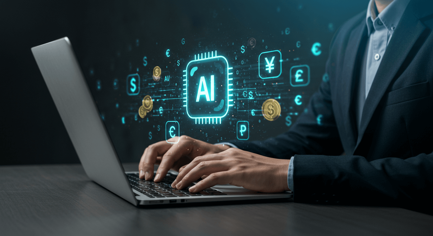 Empresário brasileiro usando laptop com hologramas de IA e símbolos de moedas para ganhar dinheiro online
