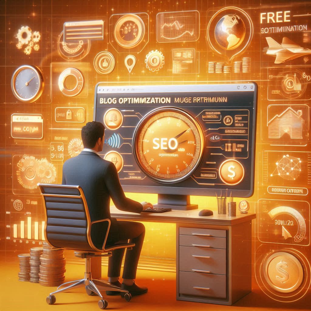 Ilustração 3D de blogueira usando compressor de imagens gratuito para otimizar blog, com ícones de SEO, redução de tamanho e melhoria de desempenho.Nome do arquivo: